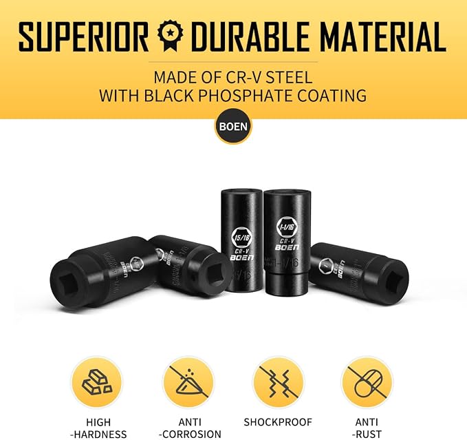 BOEN 19-Piece 1/2" Drive Deep Impact SAE Socket Set, 3/8"-1-1/4", Cr-V Steel, Extensions, Joint, Adapter - Meets ANSI
