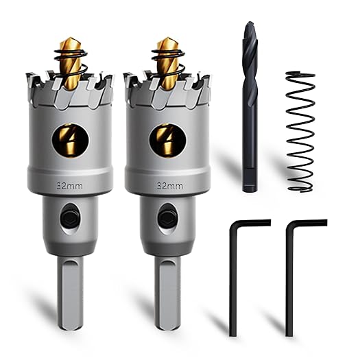 Metal Hole Saw 1-1/4''(32mm) 2Pcs Set Heavy Duty Tungsten Carbide Tipped Hole Cutters Set with a nitrided Step Drill and L-flench, for Steel Iron,Aluminum,Stainless stell