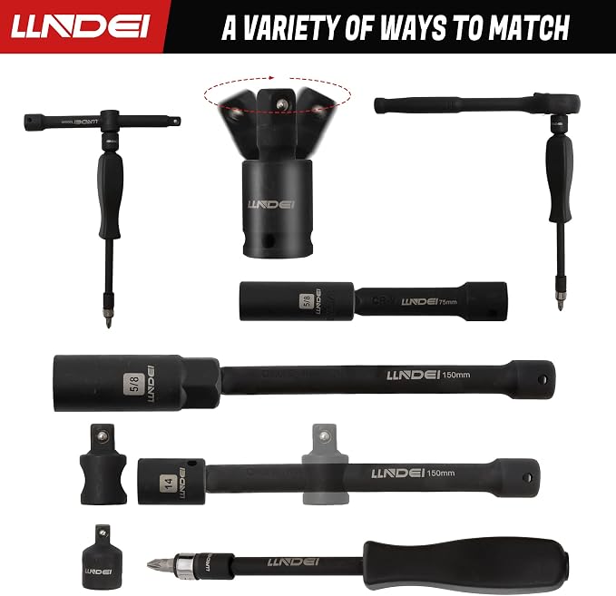 LLNDEI 3/8" Drive Impact Socket Set 95Pcs SAE/Metric | 5/16-3/4" & 8-22mm, Deep/Shallow Kit, Adapters, Ratchet, Bits, Spark Plug Socket, 6-Point, for Auto Repair, Garage & Home DIY
