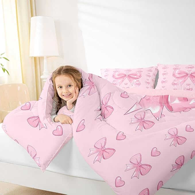 Feelyou Cute Pink Bowknot Comforter Set Full Size Love Hearts Bow Bedding Set for Kids Boys Girls Princess Bow Duvet Quilt Bedroom Decor Microfiber 3 Pcs with 2 Pillow Cases