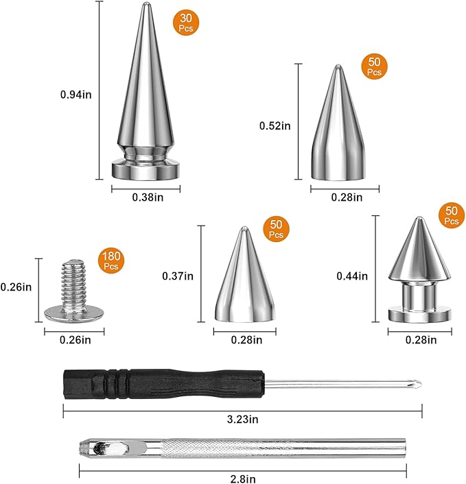 360 Pcs Punk Spikes and Studs Kit, Multiple Size Cone Spikes for Clothes, Punk Rock Style Studs and Spikes for DIY Leathercraft Decoration, Suitable for Clothing, Dog Collars, Belts, Bags (15.53oz)