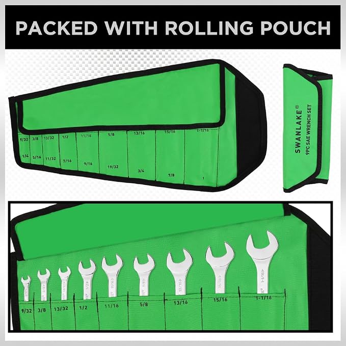 SWANLAKE 9-piece Super-Thin Open End Wrench Set, SAE 1/4", 9/32", 5/16", 3/8", 11/32", 13/32", 7/16", 1/2", 9/16", 11/16", 5/8", 19/32", 3/4", 13/16", 7/8", 15/16", 1", 1-1/16" with Rolling Pouch
