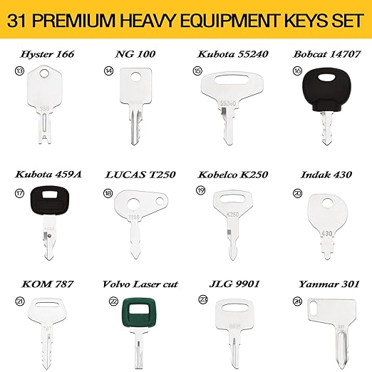 YASASHII 31 Heavy Construction Equipment Key Set fits Cat, JD, Case, Komatsu, Hyster, Kubota, JCB, Bobcat, Daewoo, JLG, Toyota & More