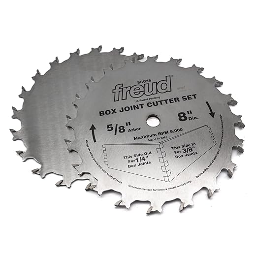 Freud Box Cutter Set, 8" Dia. 1/4" & 3/8" Widths, 5/8" Arbor, 20 Teeth | Includes 2 Blades, TiCo Hi-Density Carbide for Perfect Square Joints, Anti-Kickback Design, Silver I.C.E. Coating - SBOX8