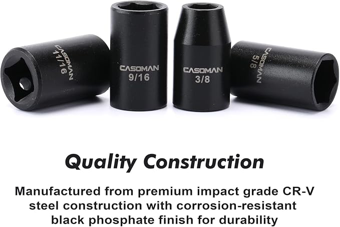 CASOMAN 14 Pieces 1/2-Inch Drive Shallow Impact Socket Set, 6-Point, SAE, 3/8" to 1-1/4"