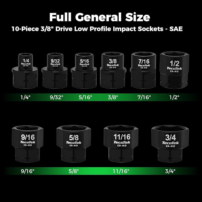TecoTek 10-Piece 3/8-Inch Drive SAE Low Profile Impact Socket Set, Stubby Socket Set, 1/4"-3/4", 6 Point, Cr-Mo, Shorter Socket for Tight Areas