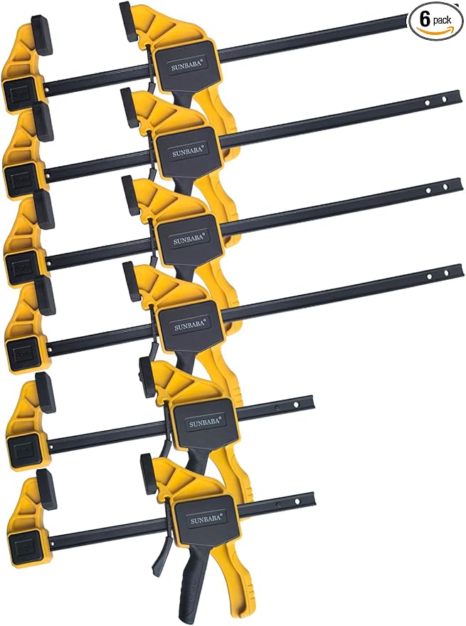 SUNBABA 6 Pack Clamps for Woodworking 12”(4)&6”(2) Light Duty One-Handed F Clamp/Spreader Bar Clamps Set 150LBS Load Limit with Quick Change Button
