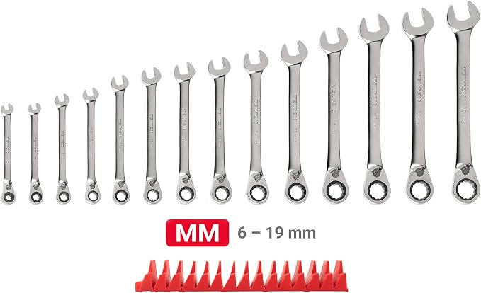 TEKTON Reversible Ratcheting Combination Wrench Set, 14-Piece | WRC94302 | (6 - 19 mm), 12-Point, Satin Chrome Finish, Modular Organizer