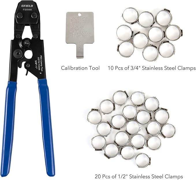 EFIELD Pex Cinch Clamp/Ear Hose Clamps Crimping Tool for Stainless Steel Clamps Sizes from 3/8" to 1" with Metal Pipe Cutter 20pcs 1/2" and 10 pcs 3/4" Clamps Suit all US F2098 Standards,(TOOL003)