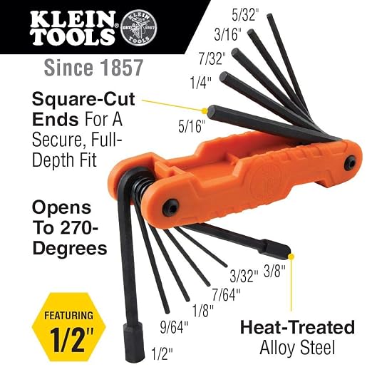 Dipped Plier Kit, Diagonal-Cutting, Needle-Nose, Side-Cutting High Leverage Linesman Pliers, Cutter and Crimper, 5-Piece and Klein Tools 70550 Hex Wrench Key Set, 11 SAE Sizes, Heavy Duty Folding Allen Wrench Tool with Extra Long Hex Keys