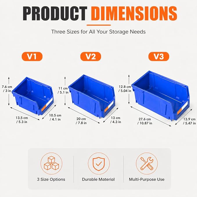 16pc Wall-Mounted Storage Organizer Set with Metal Rails Blue | Heavy duty tool organization box with metal rails. Ext 5"x4"x3" for garage screws nuts bolts.