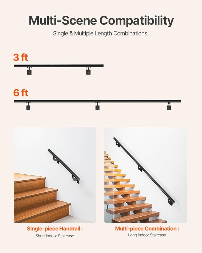 VEVOR Wall Mounted Stair Handrail, 6ft Pipe Staircase Handrail, Black Galvanized Aluminum, 1.26 inch Pipe Diameter, Indoor&Outdoor Staircase Railing,Industrial Hand Rail for Steps,Security Baluster