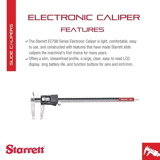 Starrett Stainless Steel Electronic Slide Caliper - 0-12" Range, .0005" Resolution, LCD Display, Fine Adjustment Thumb Wheel, in/mm Conversion - EC799A-12/300