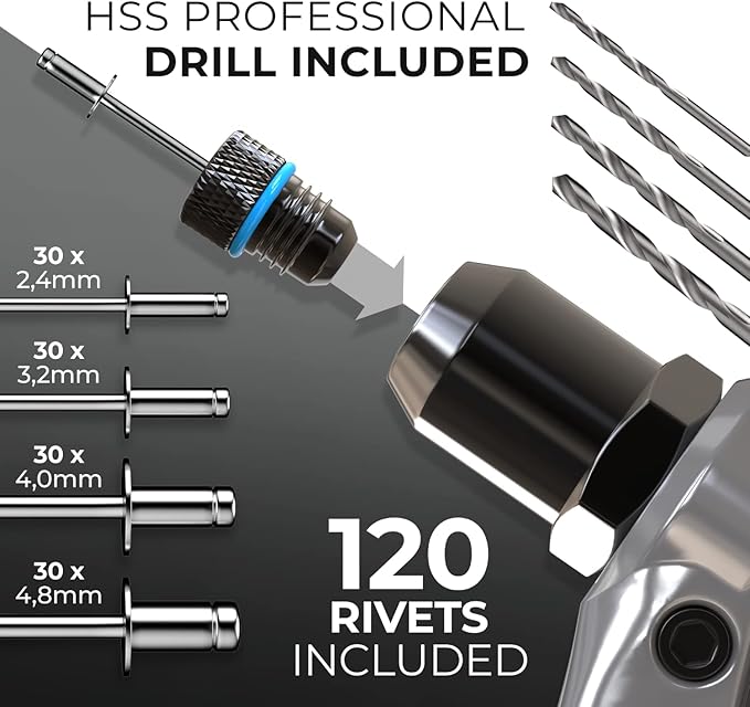 KLRStec Professional Rivet Gun Kit incl. 120 Pop Rivets and 4 HSS Drills - High quality Pop Rivet Tool Kit for processing Blind Rivets