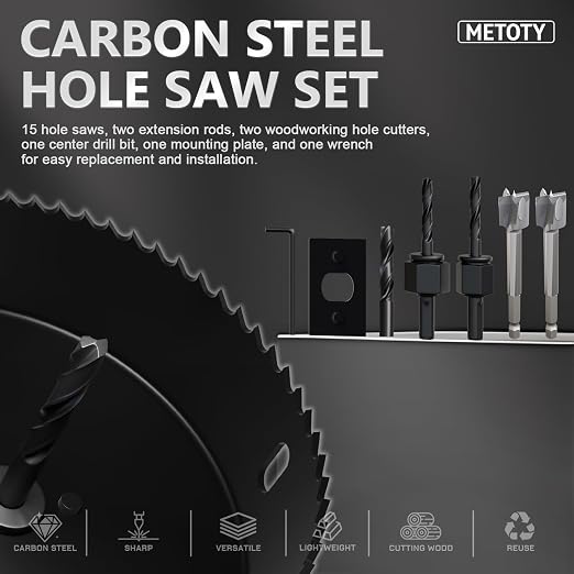 22PCS Hole Saw Set - High Carbon Steel 19-152mm（3/4" to 6"） Blades for Drywall, Soft Wood, Plastic, PVC Professional Grade with Instant Support