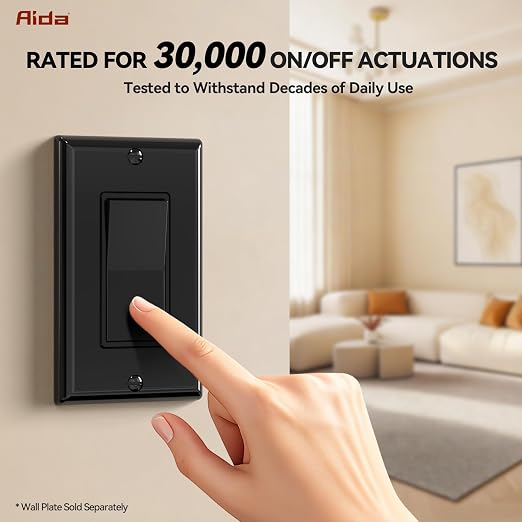 AIDA Single Pole Rocker Decorator Light Switch, 15 Amp Self-grounding Electrical Light Switches, Residential Grade, UL Listed (20 Pack, Glossy Black)