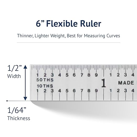 PEC Tools Made in USA Machinist Rule, 6" Flexible Steel Rule (5 Pack), Markings 1/10",1/50",1/32",1/64",