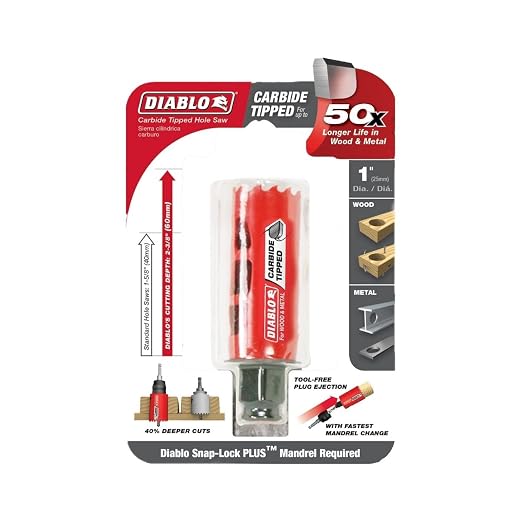 Diablo Carbide Teeth Hole Saw for Wood and Metal - Fits with Snap-Lock Plus Mandrel System, Tool-Free Plug Ejection - 1" Diameter, 2-3/8" Length - DHS1000CT
