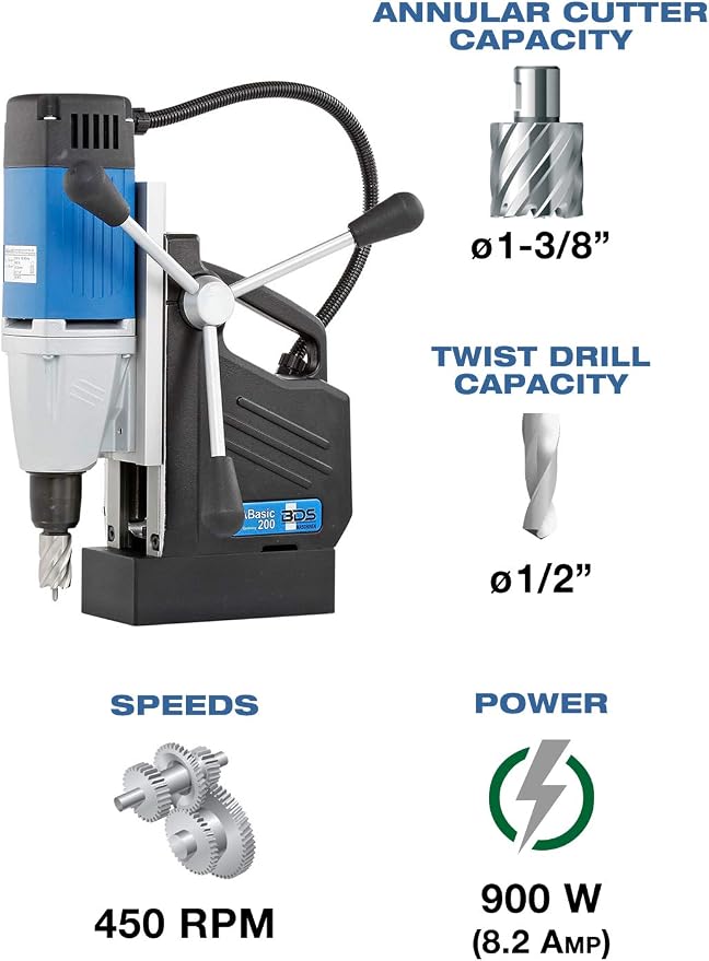 CS Unitec | MABasic 200 | Single-Speed Portable Magnetic Drill. Max Hole Capacity 1-3/8" Diameter, 8.2 Amp, 110 Volts, 450 RPM - Made in Germany