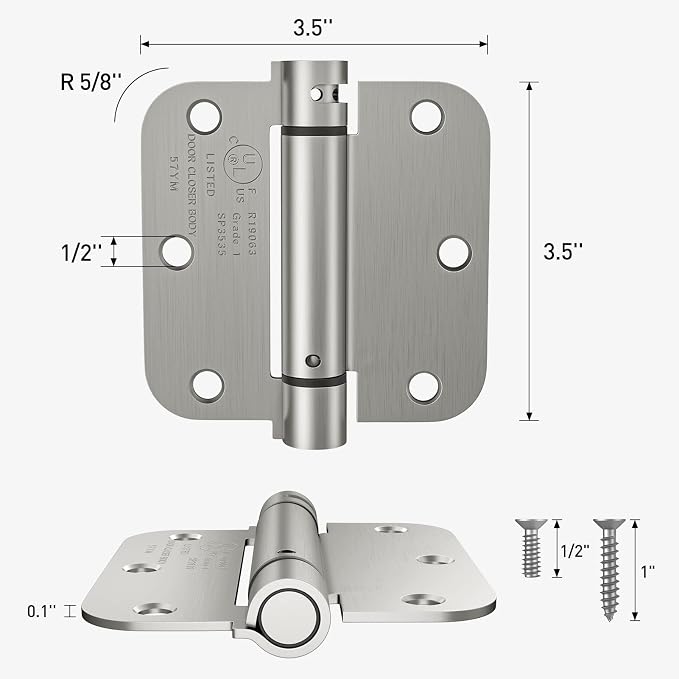 HOSOM Self Closing Door Hinges 3.5 Inch Spring Loaded Hinges Adjustable Tension for Interior Door, UL Listed, for Left and Right Hand Door, 5/8'' Radius Corners, Brushed Nickel, 3 Pack