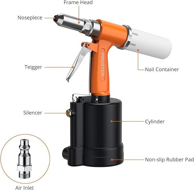 Proster Pneumatic Riveter - 5 Nozzles Pneumatic Rivet Gun, 3924LBF Pulling Heavy-Duty Air Pop Riveter 3/32", 1/8", 5/32", 3/16" and 1/4" Capacity