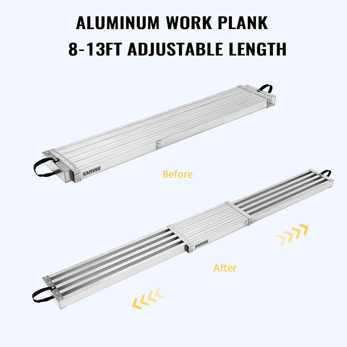 Garvee 8-13Ft Telescoping Plank, Aluminum Work Plank, 440Lbs Capacity, Aluminum Scaffolding Plank with Skid-Proof Platform Scaffold Ladder Accessory (8-13FT - Sliver)