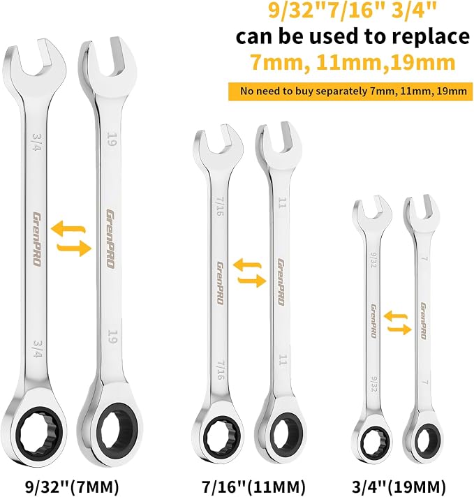 GRENPRO Ratchet Wrenches Set, 22Pcs 72-Tooth Combination Wrench Set with Roll up Pouch, SAE & Metric and Standard, 1/4" to 3/4" & 6mm to 18mm with Color Ring, CR-V Socket Mechanic Hand Tools Sets
