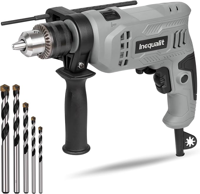 4.5Amp Corded Hammer Drill 3000RPM with 5pcs Bits, 1/2 Inch Keyed Metal Chuck Impact Drill, 360° Rotating Handle and 12 Variable Speed for 2 Functions in 1