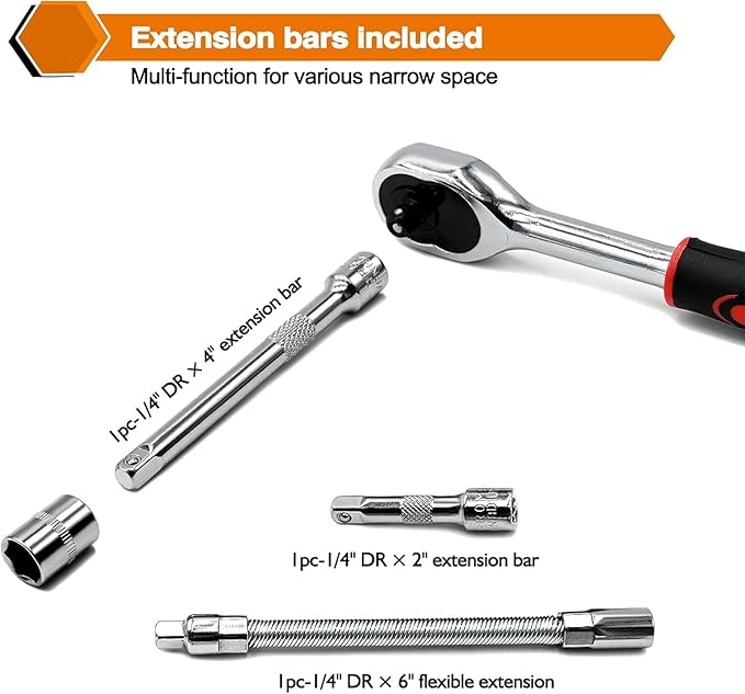 Egofine 46 Pieces 1/4 inch Drive Socket Ratchet Wrench Set, with Bit Socket Set Metric and Extension Bar for Auto Repairing and Household, with Black Storage Case