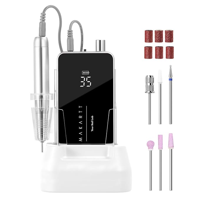 Makartt Nail Drill Professional, 35,000RPM Electric Nail File for Acrylic & Gel Removal, 60W Brushless Coreless Motor, 2-in-1 Desktop & Portable, LCD Display, Rechargeable, Quiet, F&R, Nouvella Black