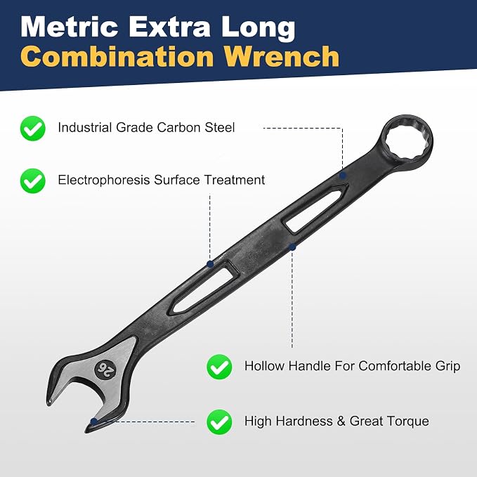 HARFINGTON 2pcs Combination Wrench 26mm Metric Extra Long 12-Point Box and Open End Carbon Steel Double Ended Industrial Grade Spanner for Automotive Furniture Machinery DIY Repair, Black