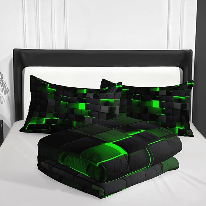 Nttopship Geometric Green Black Comforter Set,Light Honeycomb 3 Piece Bedding Set Queen Size for Teen Boys,Modern Quilt Set Geometry Decor,Microfiber Lightweight 1 Comforter 2 Pillowcases All Season