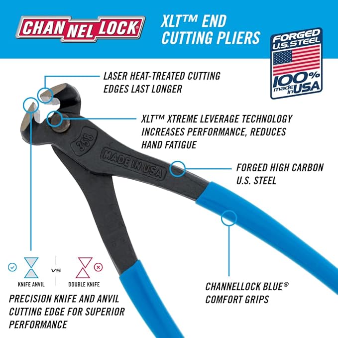 Channellock End Cutting Plier 358 - Blue Grip, Carbon Steel, Matte Finish - 8 in