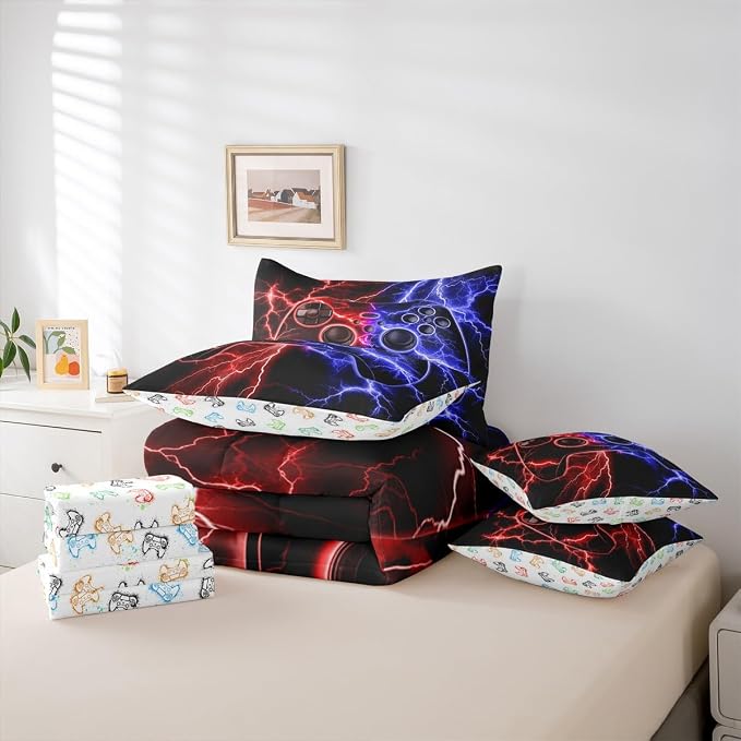 Erosebridal Gaming 7-Piece Comforter Set Full Bed in a Bag, Gamer Bedding Sets Video Game Consoles Comforter and Sheet Set, Red Blue Lightning Room Decor,Gaming Decor for Boys Bedroom