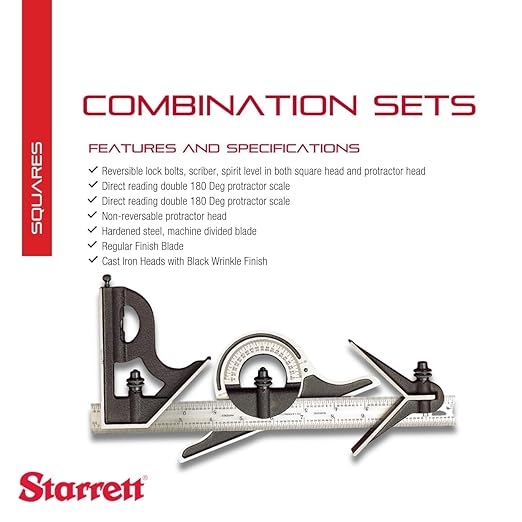 Starrett Combination Set with Square, Center and Non-Reversible Protractor Head and Blade - 12" Blade Length, Cast Iron Heads, Hardened Steel, 16R Graduation Type - 9-12-16R