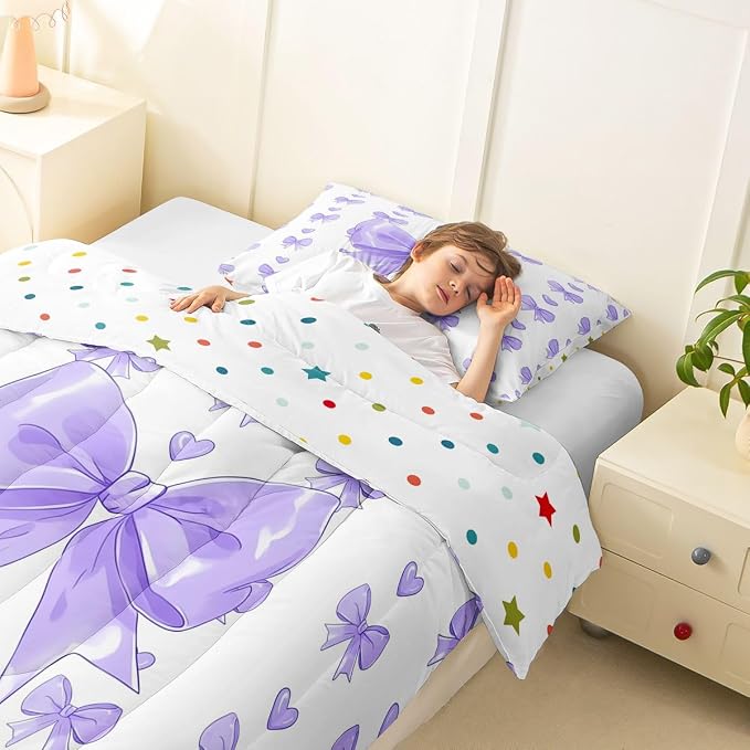 Feelyou Cute Purple Bow Comforter Set All Season Love Hearts Bowknot Bedding Set with 1 Pillow Cases Princess Bow Microfiber Kids Twin Bedclothes Bedroom Decor Duvet Quilt Breathable Soft Lightweight