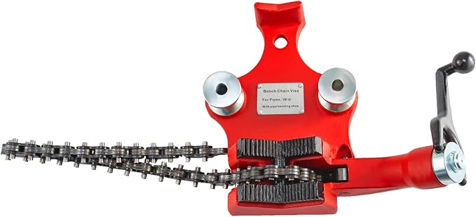 Mophorn Screw Bench Chain Vise 1/8 to 5-Inch Pipe Capacity, Heavy Duty Bench Chain Pipe Vise with Crank Handle, Neoprene-Coated Jaw, Cast Iron Material Ideal for a Variety of Pipes