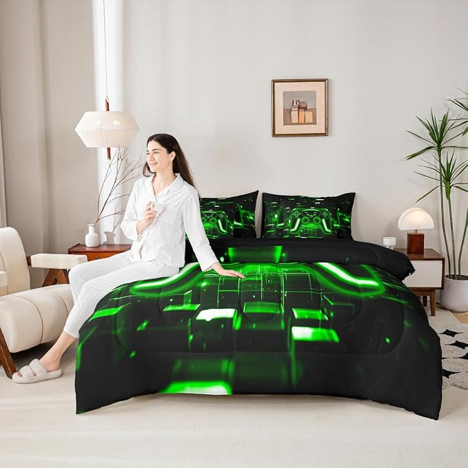 Erosebridal Gaming King Size Comforter Set with Sheets, Gamer 7 Piece Bedding Set Neon Lights Retro Game Console Bed in a Bag, Green Brick Cube Room Decor,Game Room Decor