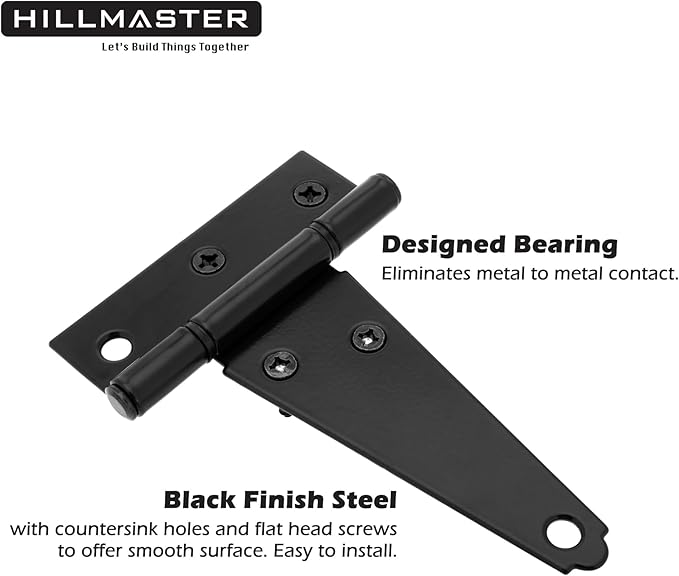 HILLMASTER 4 Inch T-Strap Hinges Shed Window Door Hinges Gate Strap Hinges Heavy Duty Black Tee Hinge Wrought Gate Hardware Post Small T Hinges for Wooden Fences,Shutter,Yard,Barn Door,Outdoor(4 Pack)