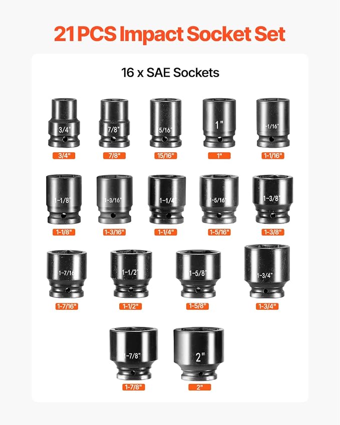 VEVOR 3/4 in Drive Impact Socket Set, 21 Pieces SAE 3/4 in to 2 in, 6 Point Cr-V Alloy Steel for Auto Repair, Easy-to-Read Size Markings, Includes Extension Bars, Ratchet Handle and Storage Case