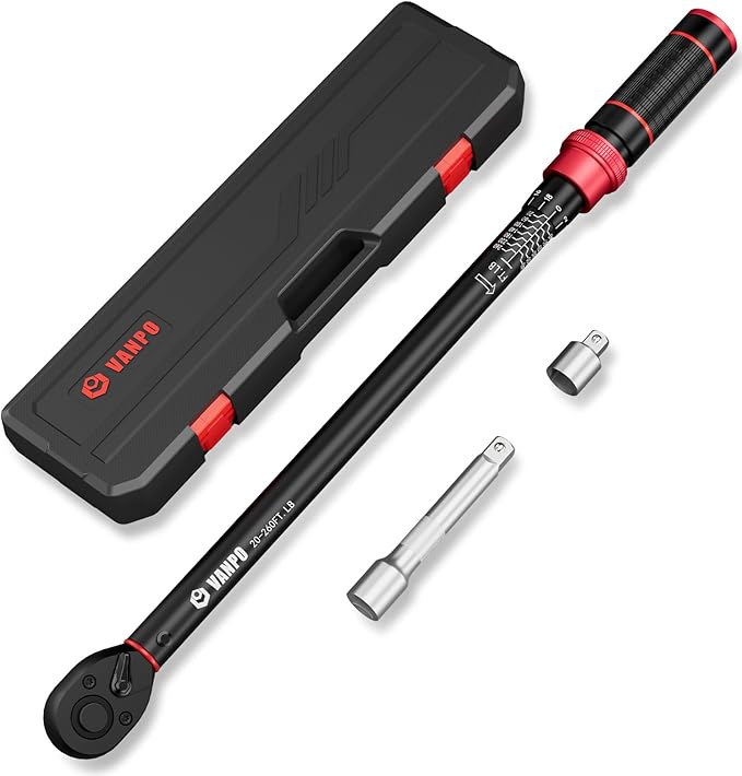 VANPO 1/2-Inch Drive Click Torque Wrench, 20-260 Ft-Lb, for Car & Truck | 27.1-352.3 Nm, 22.04", Dual Direction, 72 Tooth, Adjustment Torque Wrenches with 1/2" to 3/8" Adapter & 125mm Extension Bar