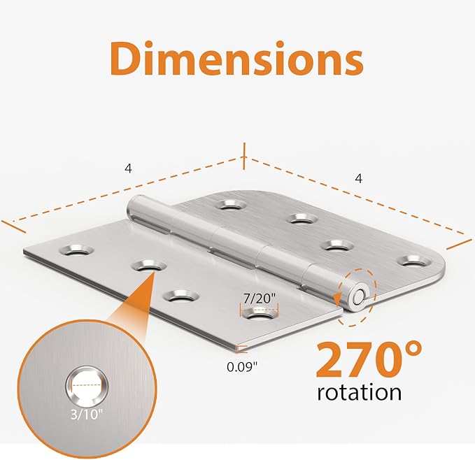 18 Pack Brushed Nickel Door Hinges, 4 Inch Exterior Door Hinges with Square & 5/8" Radius, 4 in Satin Nickel Heavy Duty Residential Front and Back Hinges, Removable Pin & No Squeaks