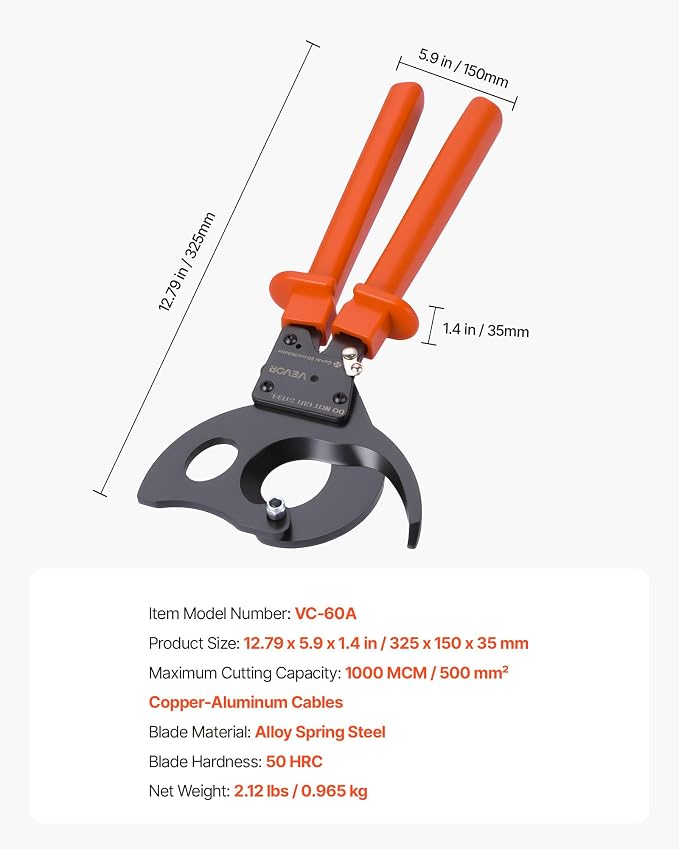 VEVOR Ratcheting Cable Cutter, Spring Steel Blades with PVC-Coated Handles, Quick-Release Button, Heavy Duty Ratchet Cable Wire Cutter for Cutting Copper & Aluminum Cables Up to 1000 MCM / 500 mm²