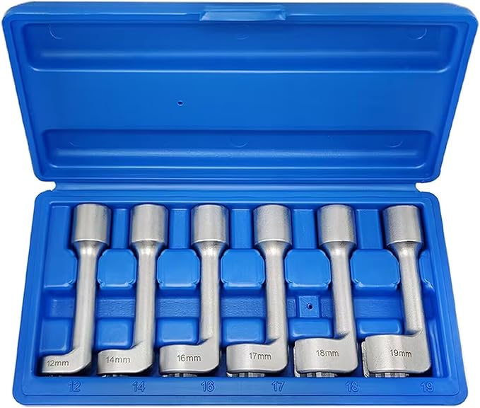 6PCS 1/2" Dr. L-Type Common Rail Injection Fuel Line Nut Socket Set | 12 14 16 17 18 19mm, 12 Point Open Socket Wrench Kit, Diesel Engine Temperature Removal, Exhaust Gas Temp Sensor Extractor