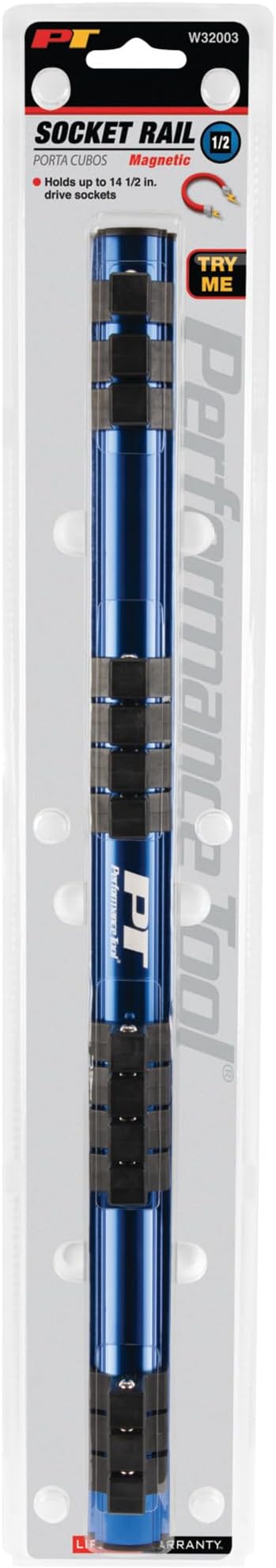 Performance Tool W32003 1/2 in. Drive Magnetic Socket Organizer Rail | Rare earth magnets secure to metal. Holds 14 sockets. EVA foam backing protects toolbox. Spring-loaded clips