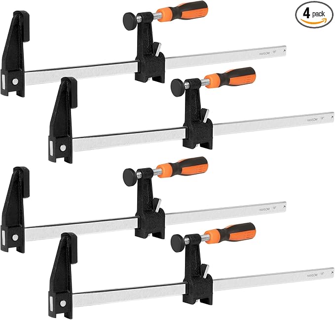 4-Pack 18 inch Bar Clamps,Long Wood Clamps Heavy Duty Force 600 Lbs Adjustable and Release Quickly,Woodworking Clamps Throat Depth 2.5 inch with Plastic Handle