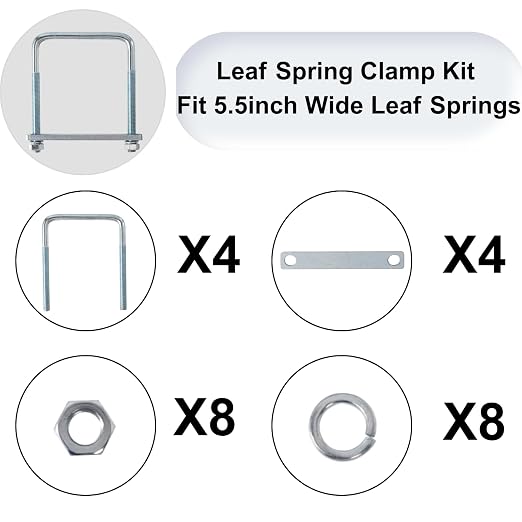 4 Pack Square U-Bolt for Trailer- Fits 5.5 Inch Wide Leaf Springs, Galvanized Steel Clamp Set, Secure Fit for Truck, Boat and Trailers
