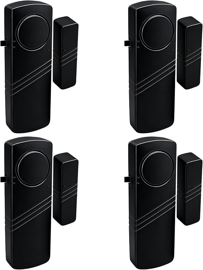 Door Window Alarm - 90dB Loud Home Security Sensor for Kids Safety, Burglar Alert for House, Apartment, Office, Hotel & Pool Window, Black (4 Pack)