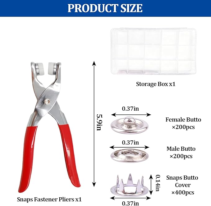 200 Sets Snaps Button Kit,Metal Snap Buttons with Fastener Pliers and Snap on Button Kit,Press Tool Kit Perfect for DIY Clothing and Crafts(Chrome,9.5mm)