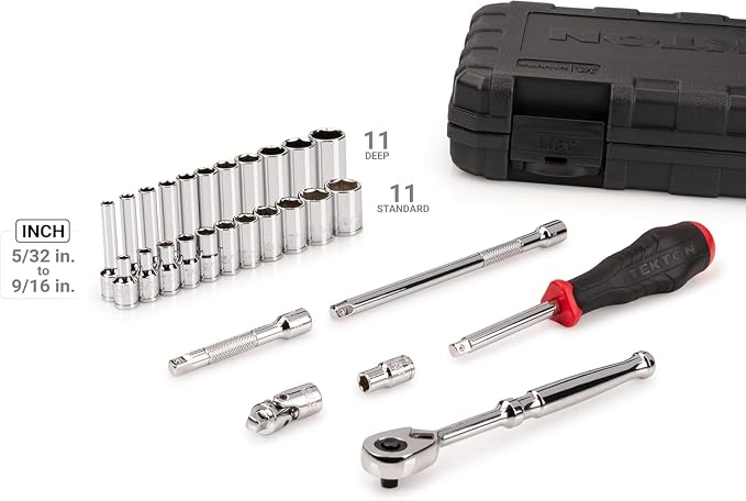 TEKTON 1/4 Inch Drive 6-Point Socket and Ratchet Set with Case, 28-Piece (5/32-9/16 in.) | SKT05102